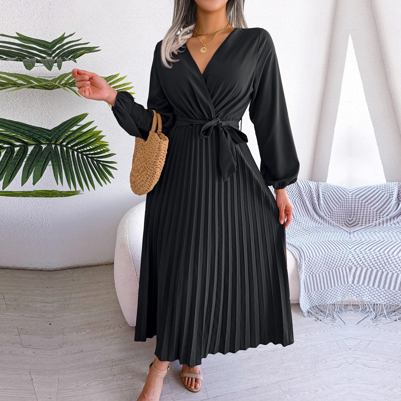 Amy™ Schwarzes Elegantes Maxi Kleid mit V-Ausschnitt Festliche Boho Stil
