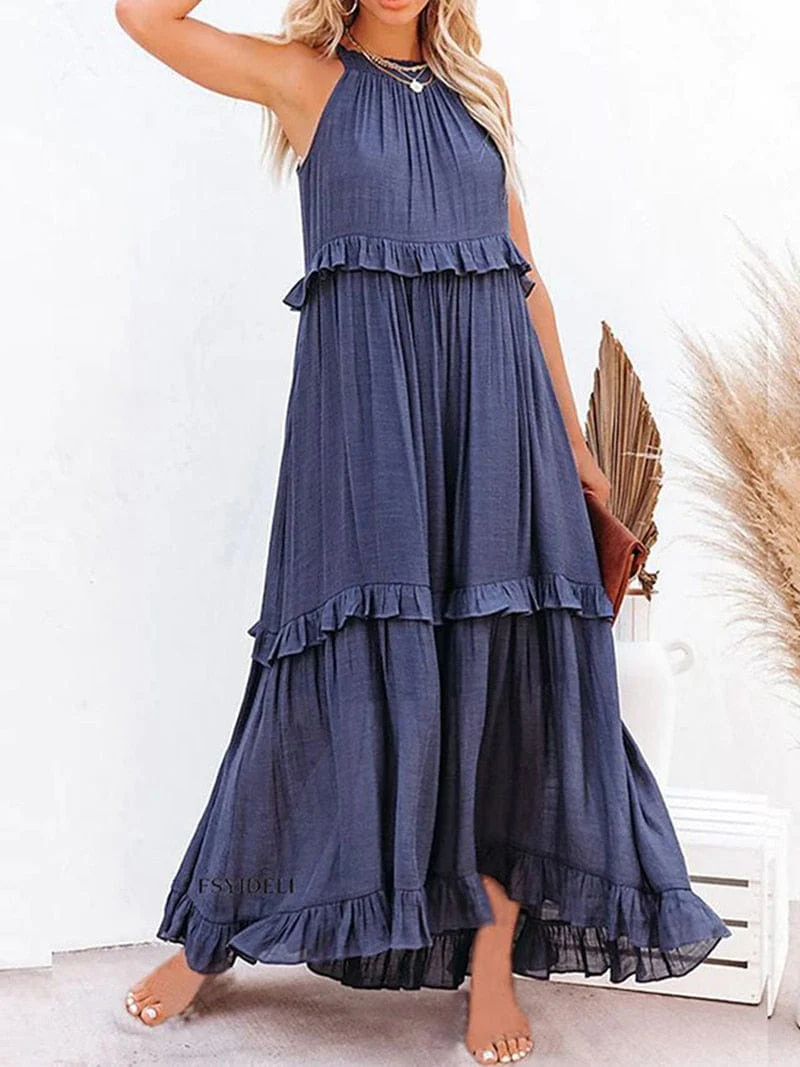 Anna™ Marineblaues Lockere Sommerliches Festliches Maxi-Kleid