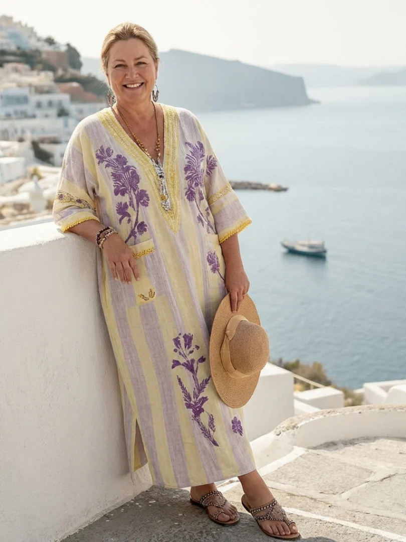 Aurelia | V-Ausschnitt Halbarm Gestreiftes Floral Maxikleid