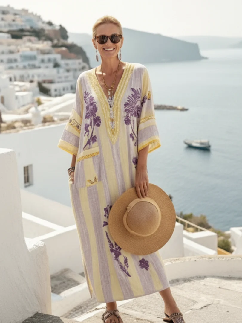 Aurelia | V-Ausschnitt Halbarm Gestreiftes Floral Maxikleid - Image 3