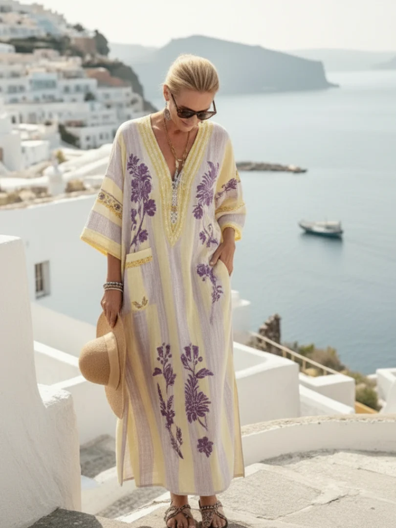 Aurelia | V-Ausschnitt Halbarm Gestreiftes Floral Maxikleid - Image 4