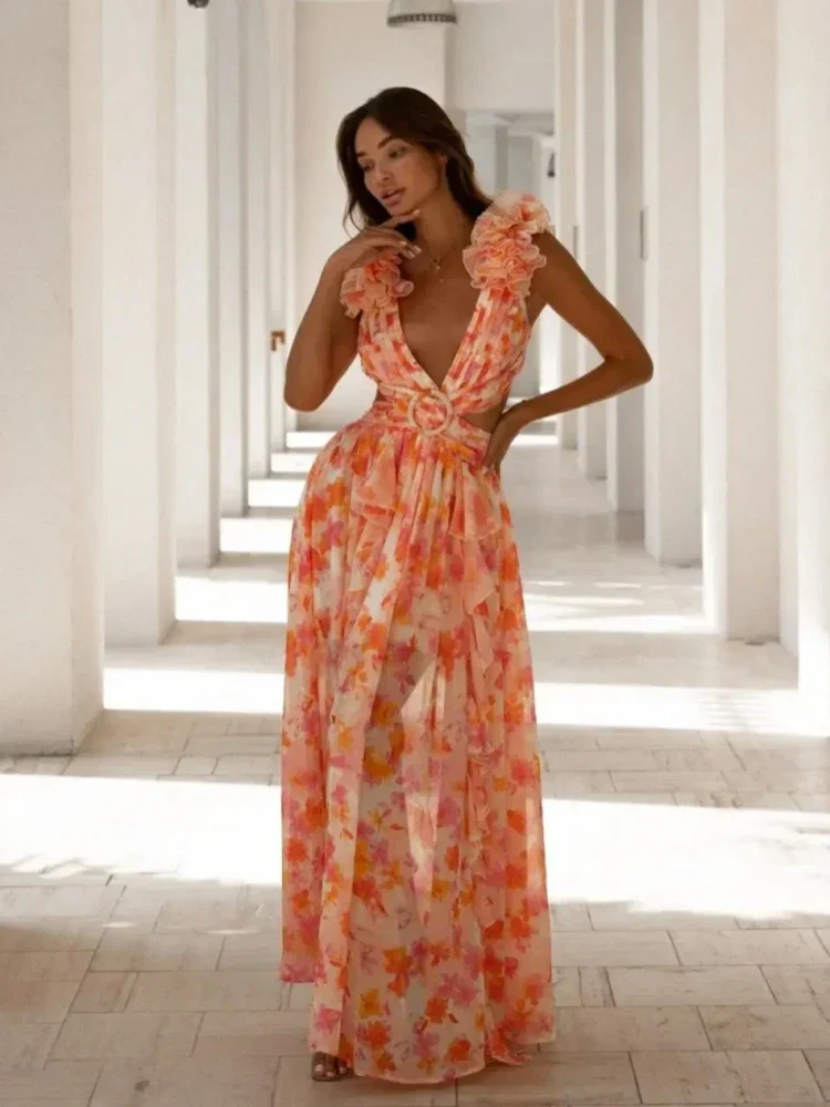 Aurora - Elegantes Rückenfreies Rüschens Maxikleid - Image 7