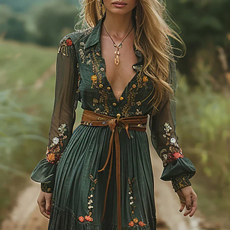 Bohemian Besticktes V-Ausschnitt Maxikleid für Damen - Image 2