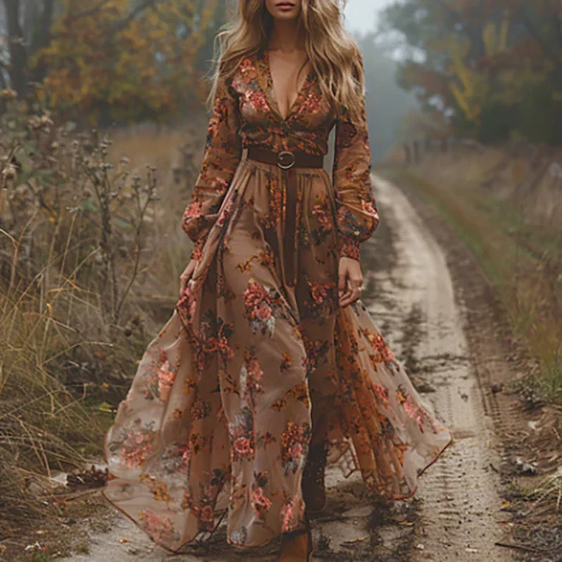 Bohemian Besticktes V-Ausschnitt Maxikleid für Damen - Image 4