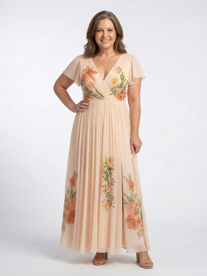 Calista | V-Ausschnitt Kurzarm Falten Maxi Kleid - Image 3