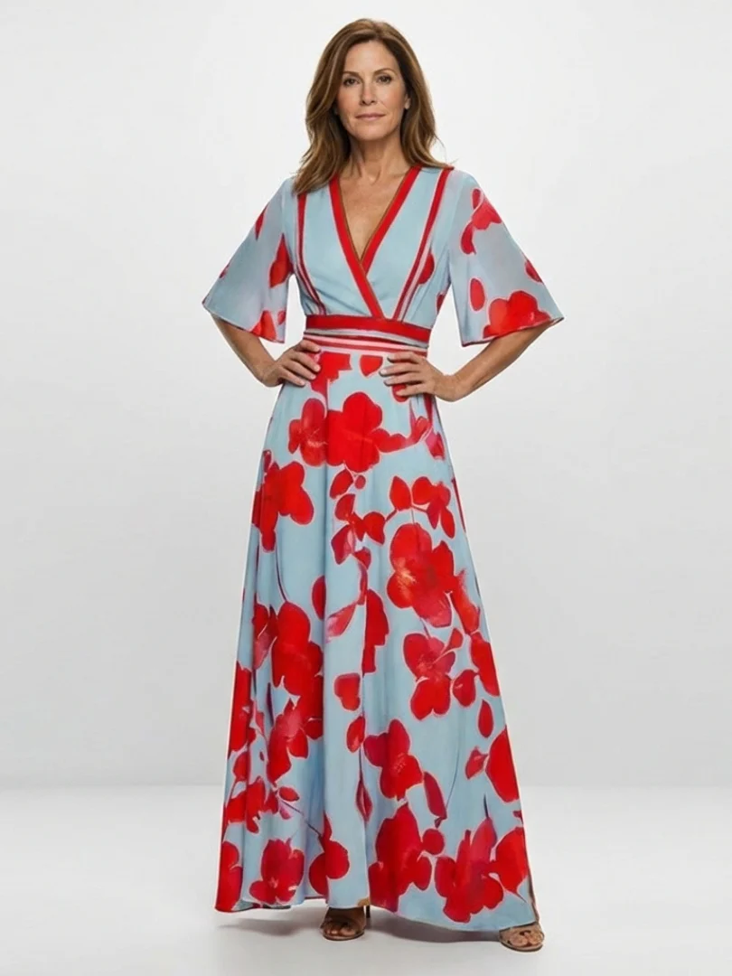 Corinne | V-Ausschnitt Kurzarm Blumenmaxikleid