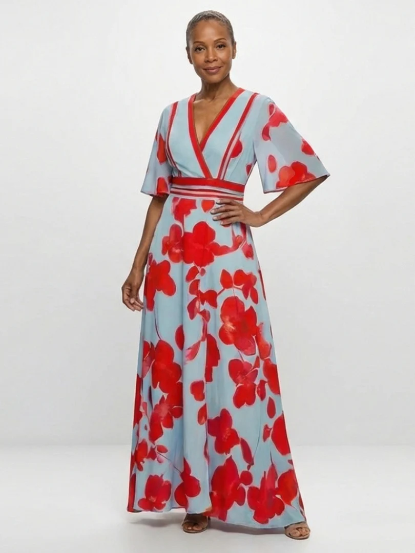 Corinne | V-Ausschnitt Kurzarm Blumenmaxikleid - Image 4