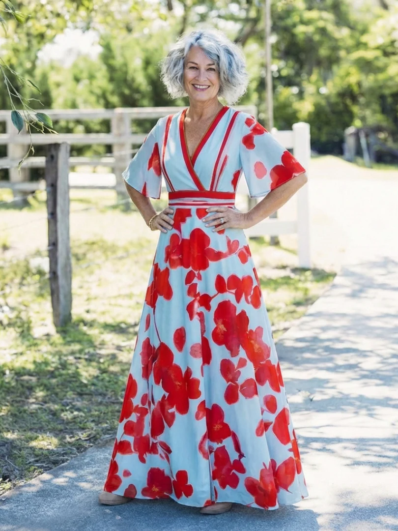 Corinne | V-Ausschnitt Kurzarm Blumenmaxikleid - Image 5