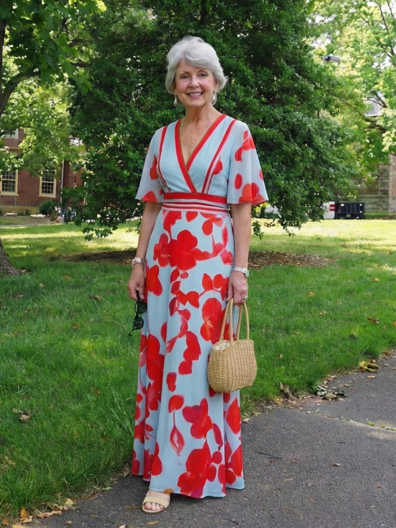 Corinne | V-Ausschnitt Kurzarm Blumenmaxikleid - Image 6
