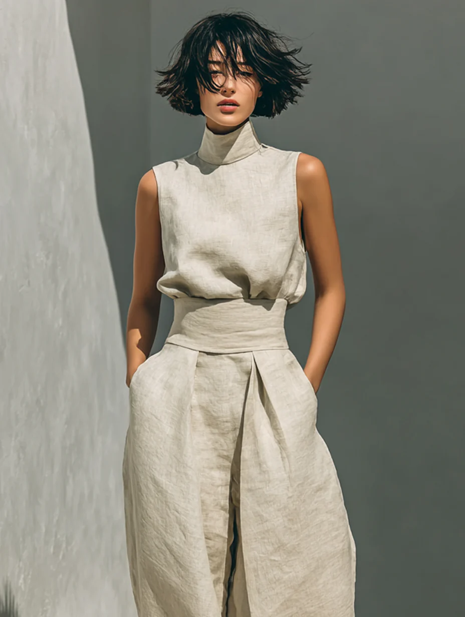 Damen Ärmellose Bluse und Weite-Hosen Ensemble - Image 6