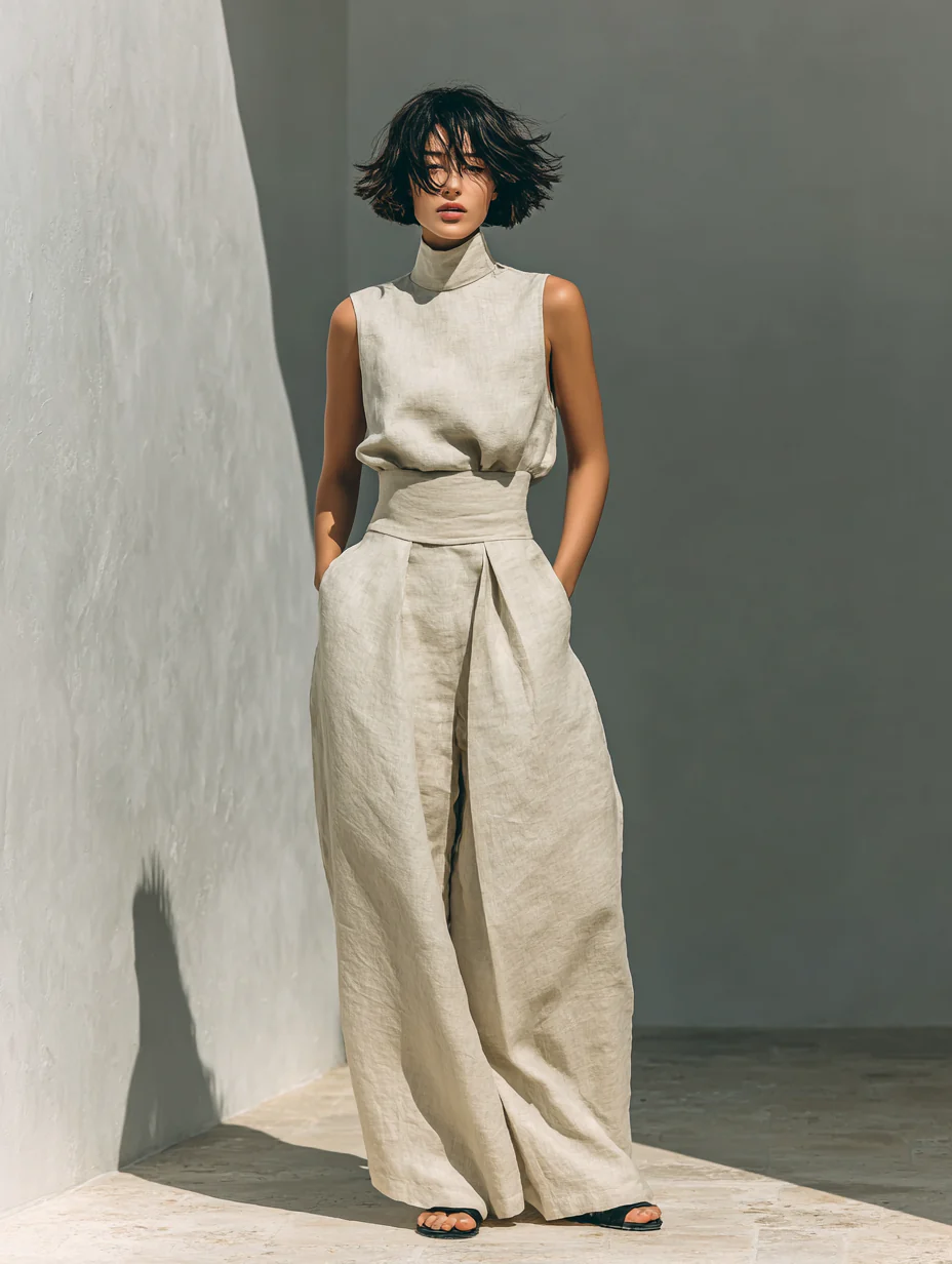 Damen Ärmellose Bluse und Weite-Hosen Ensemble - Image 8
