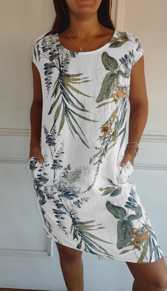 Damen Baumwolle Leinen Bedrucktes Sommerkleid mit Taschen