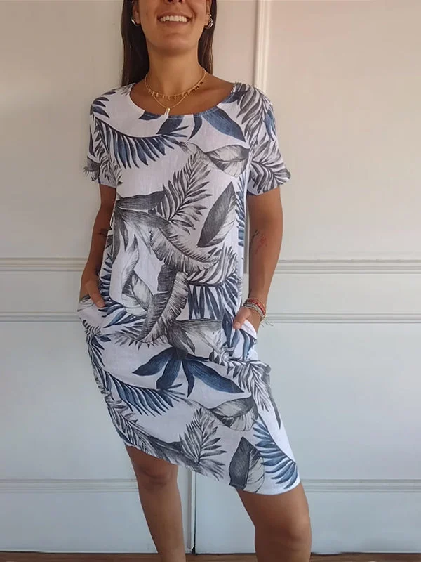 Damen Baumwolle Leinen Bedrucktes Sommerkleid mit Taschen - Image 3