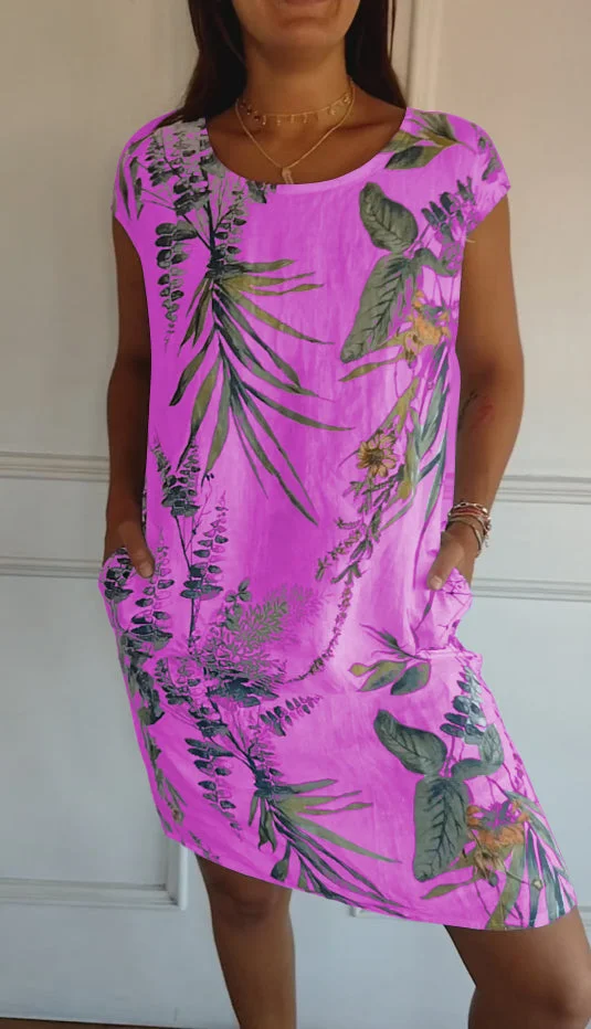 Damen Baumwolle Leinen Bedrucktes Sommerkleid mit Taschen - Image 5