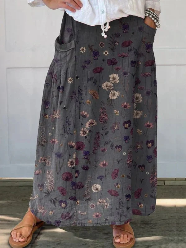 Damen Blumen Kunstdruck Leinen Taschenrock