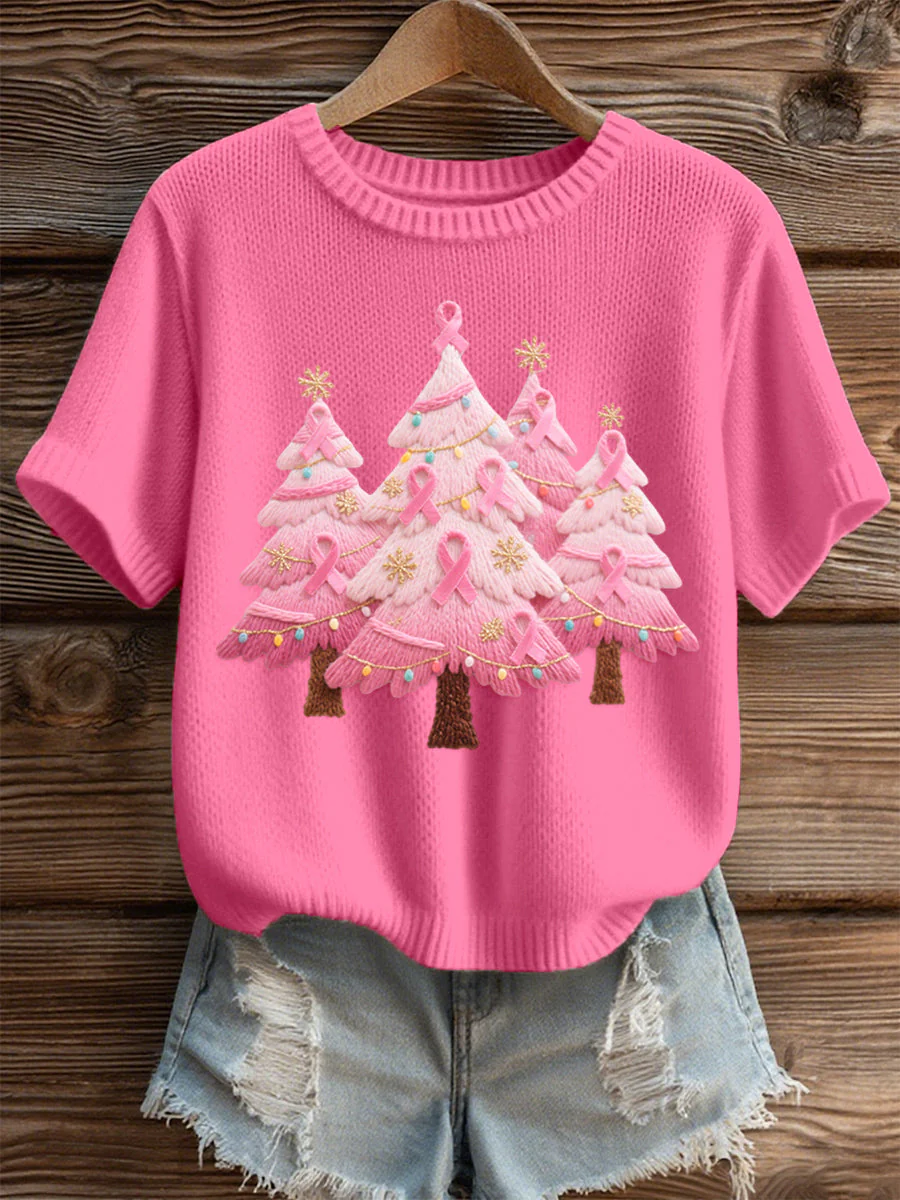 Damen Rosa Weihnachtsbaum Besticktes Gemütliches Strickoberteil