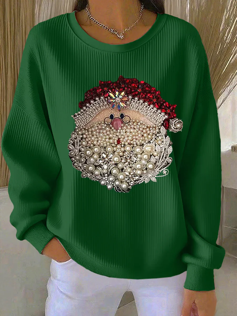 Damen Santa Claus Bedruckter Gerippter Rundhals-Sweatshirt - Image 3