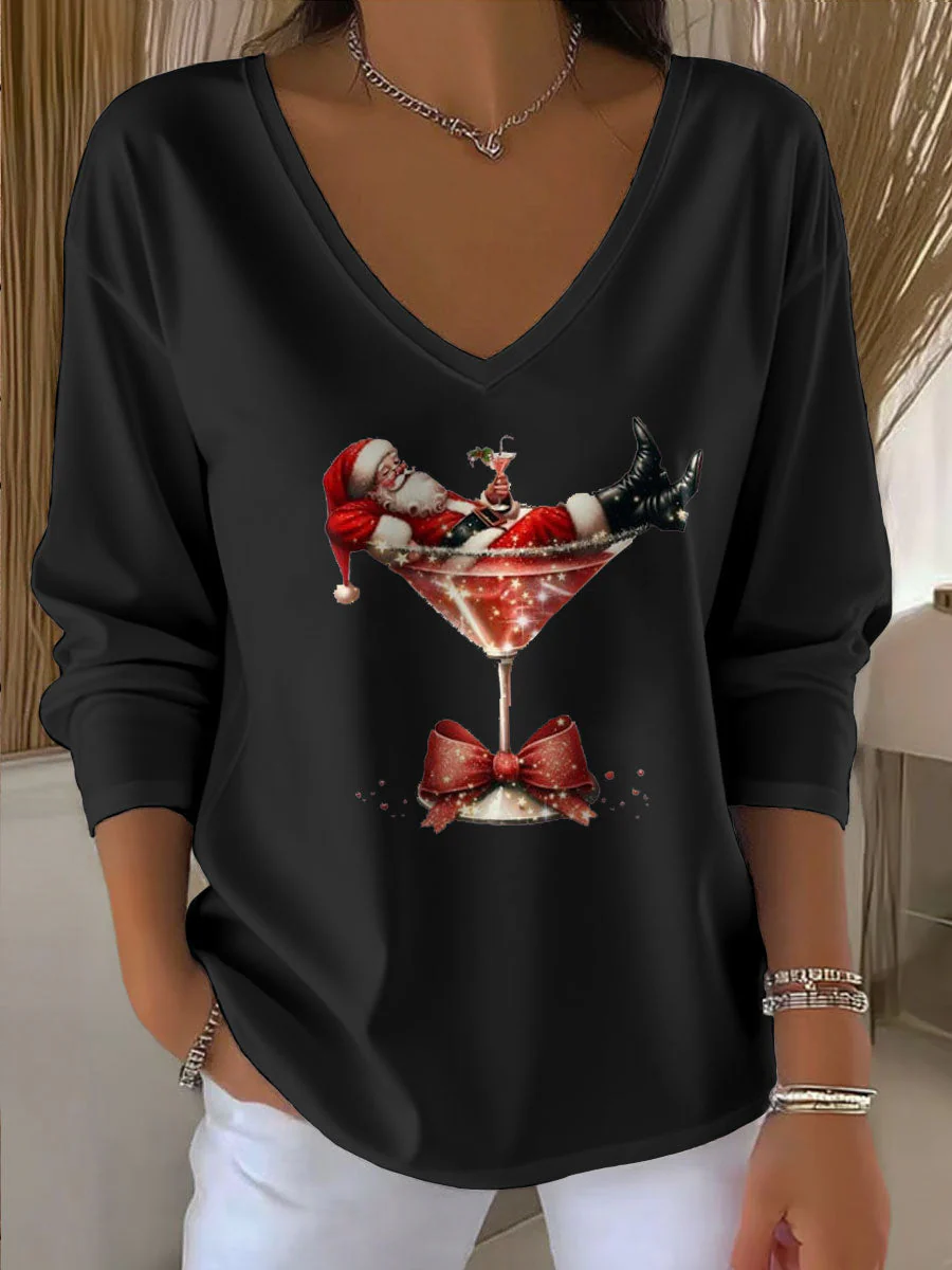 Damen Santa Claus Bedrucktes V-Ausschnitt T-Shirt - Image 4