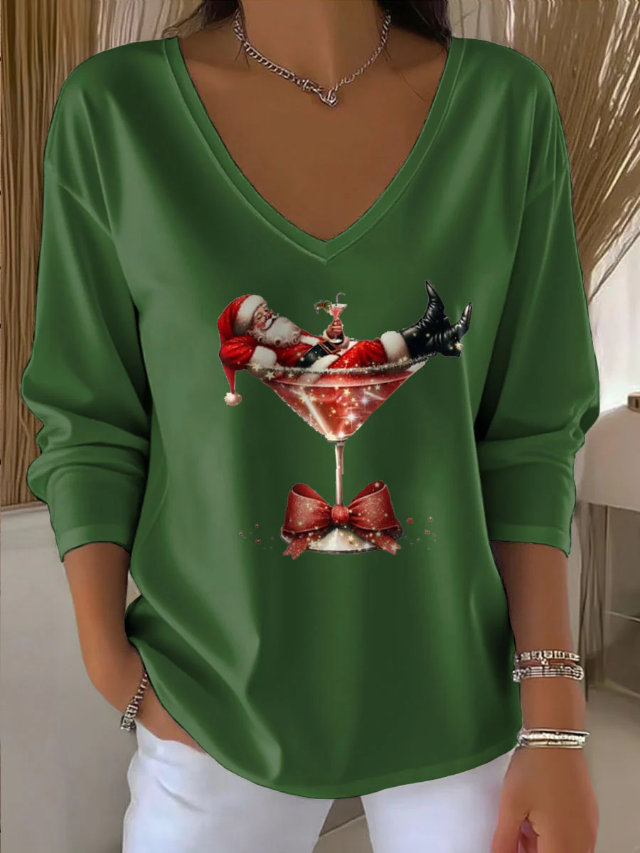 Damen Santa Claus Bedrucktes V-Ausschnitt T-Shirt - Image 5