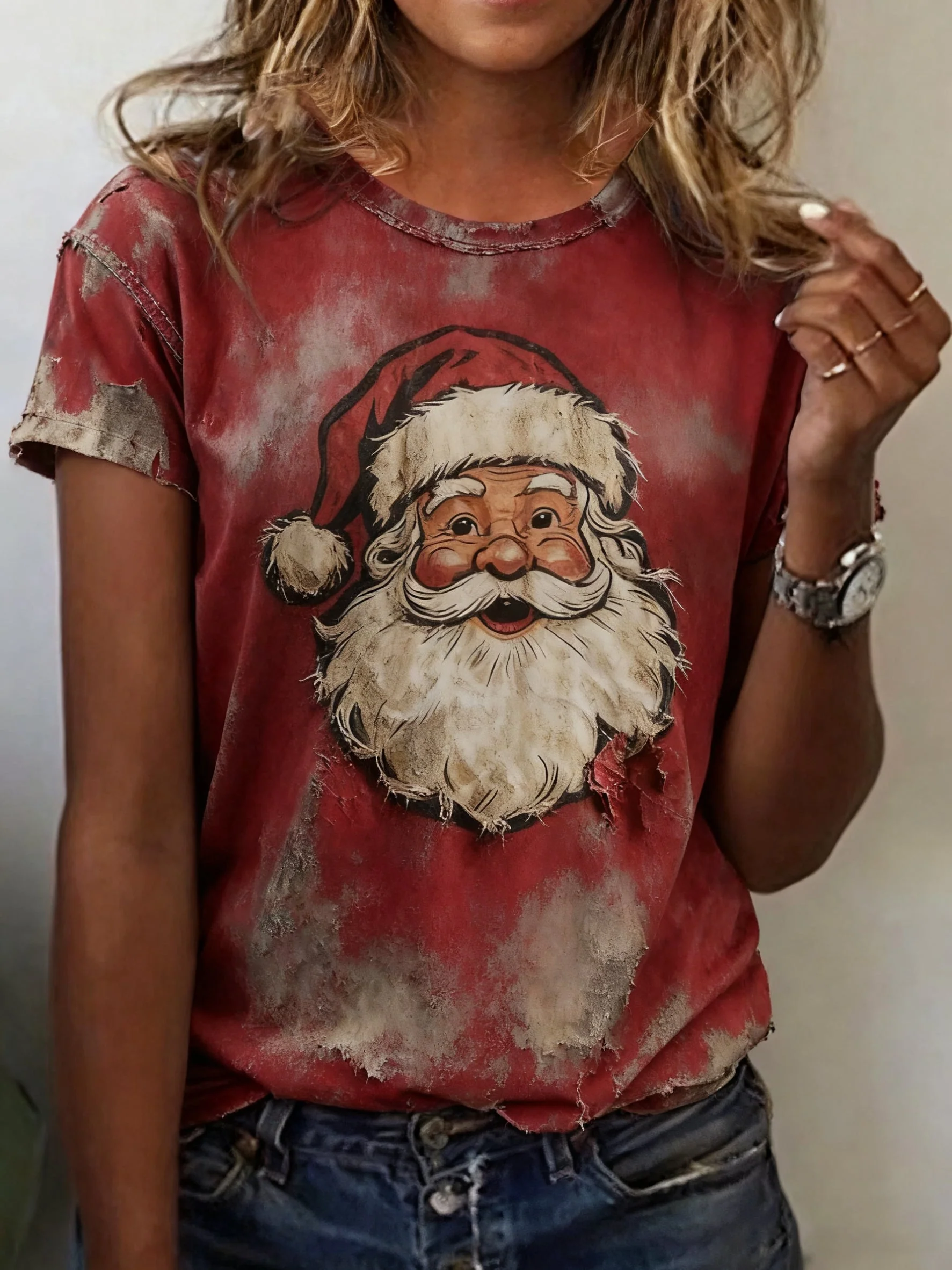 Damen Santa Claus Print Freizeit T-Shirt