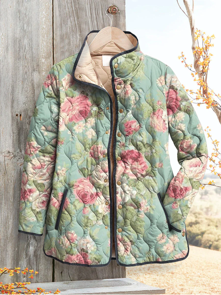 Damen Steppjacke mit Retro Blumenmuster