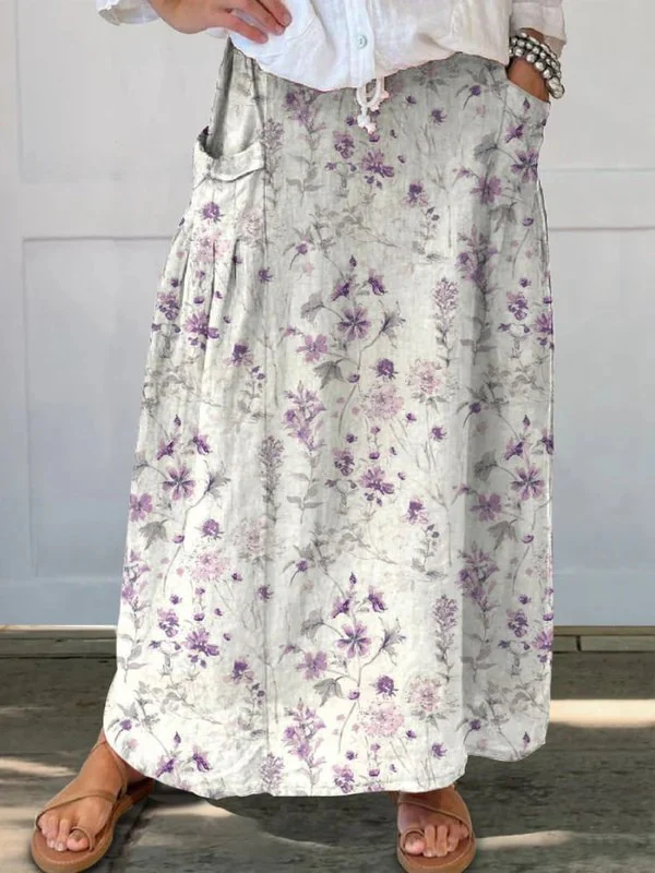 Damen Vintage Blumen Kunst Leinen Elastischer Bund Taschenrock - Image 2