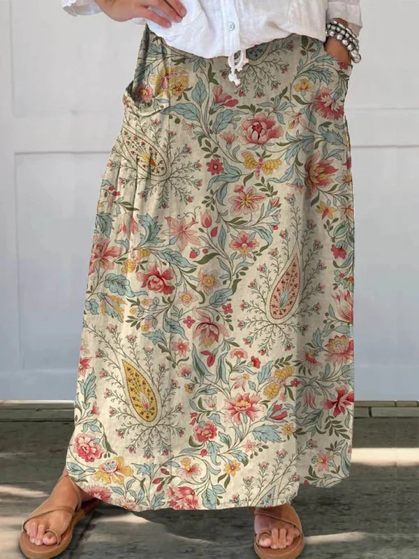 Damen Vintage Floral Art Bedruckter Leinen Taschenrock - Image 2