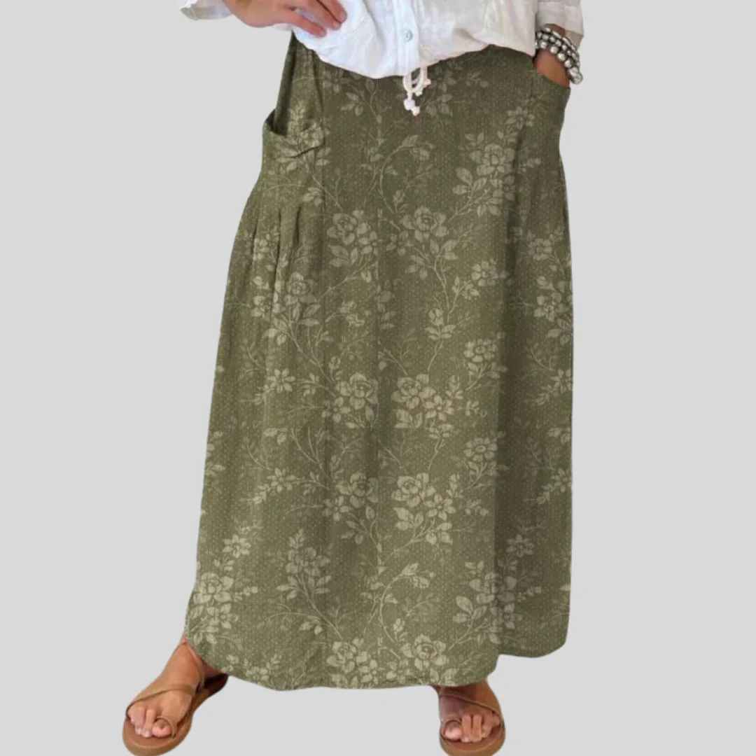 Damen Vintage Floral Leinen Rock mit elastischem Bund und Taschen