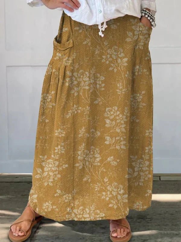 Damen Vintage Floral Leinen Rock mit elastischem Bund und Taschen - Image 4