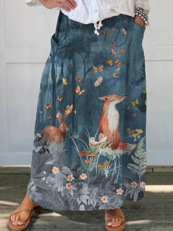 Damen Vintage Floral Tiere Kunstdruck Lässiger Leinen Tasche Rock