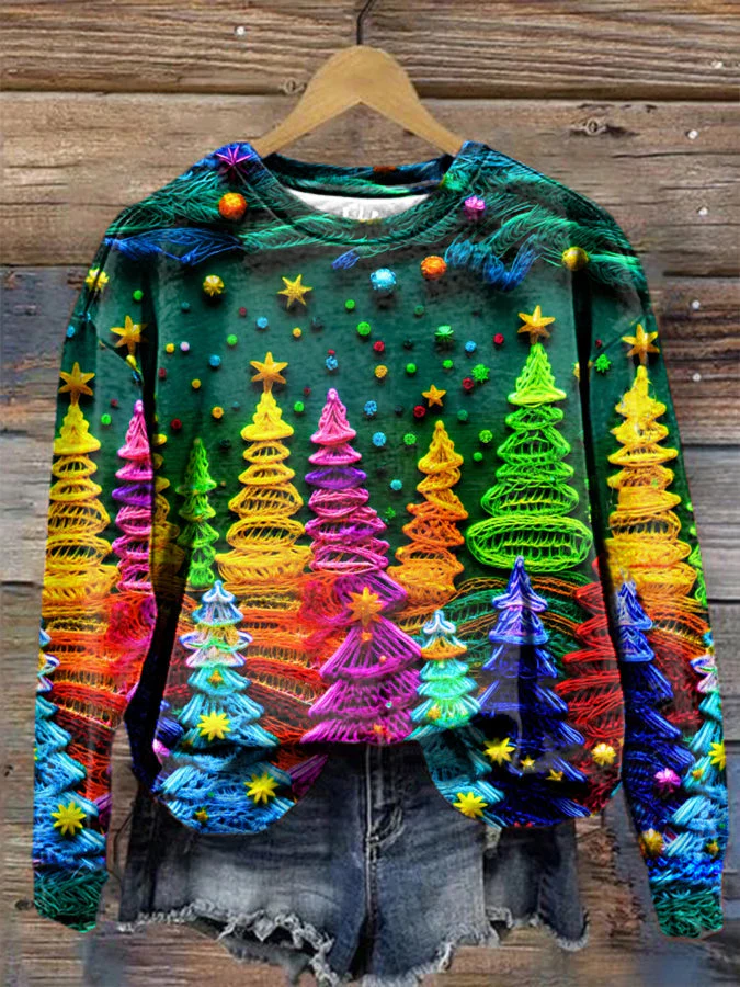 Damen Weihnachtsbaum-Print Langarm-Sweatshirt