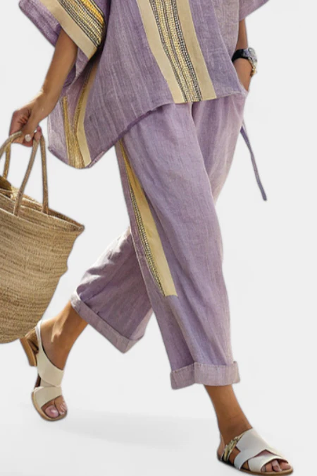 Daniela – top elegante Lavendel und senfgelbe gestreifte Hose - Image 3