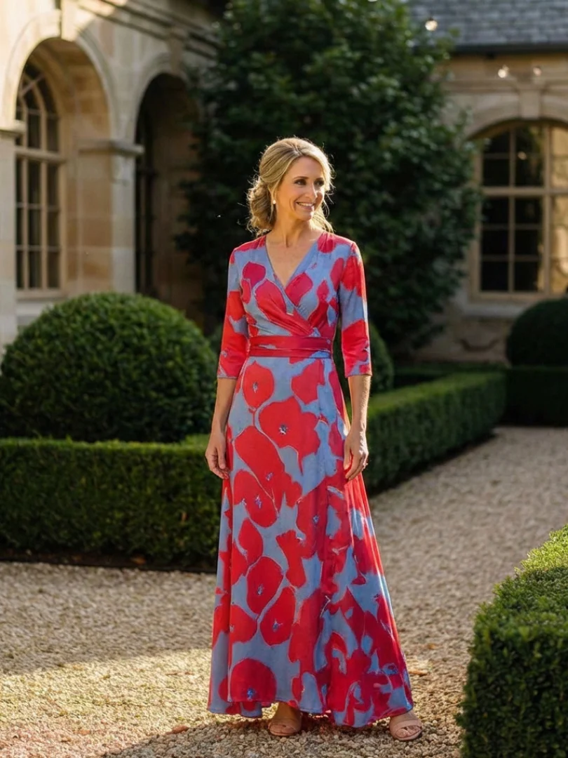 Danielle | Dreiviertelarm V-Ausschnitt Blumen Maxi Kleid - Image 6
