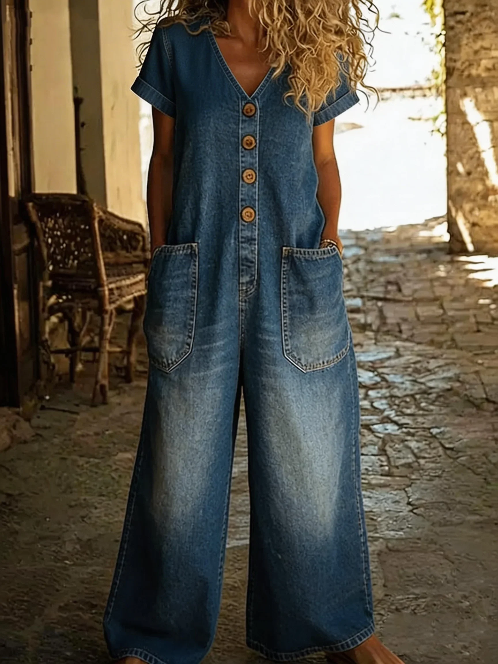 Denise | Denim-Overall mit V-Ausschnitt und kurzen Ärmeln - Image 2