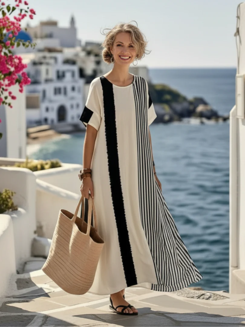 Elara | Rundhals Kurzarm Gestreiftes Maxikleid - Image 3