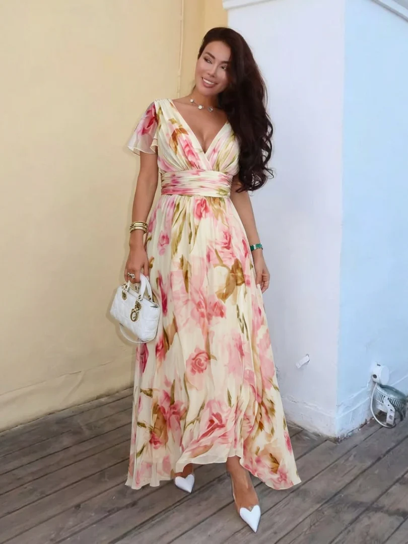 Elara | V-Ausschnitt Kurzarm Blumen Maxi Kleid - Image 6