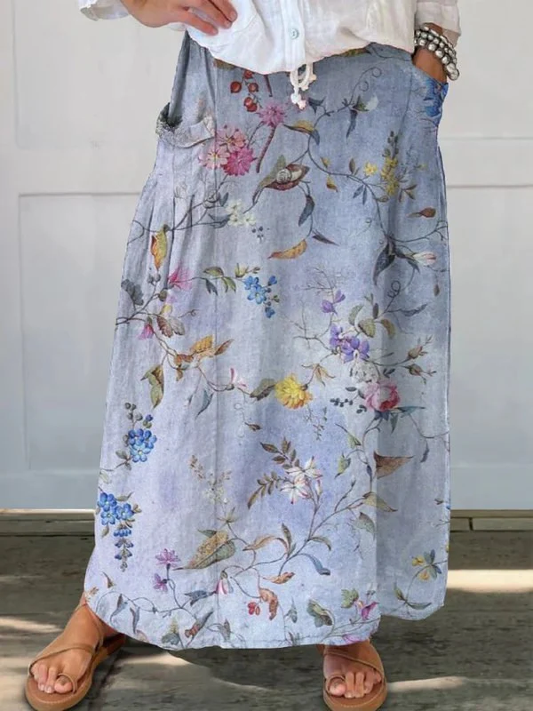 Eleganter Vintage Blau Druck Damen Leinen Taschenrock - Image 2
