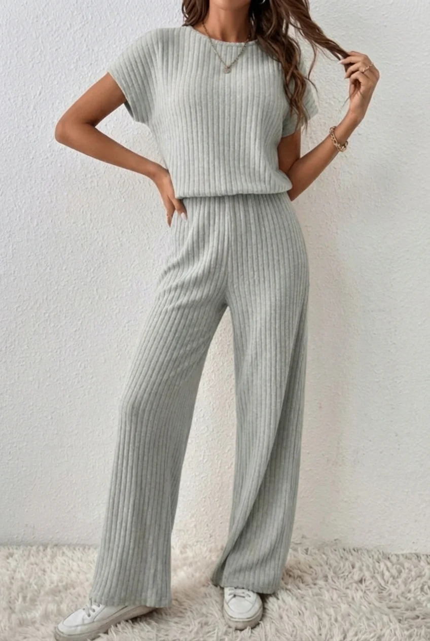ElevenOra Stilvoller Cremeweißer Reißverschluss-Stehkragen Oversized Kurzarmpullover & Weitbeinige Hose - Geripptes Strick-Zweiteiliges Ensemble
