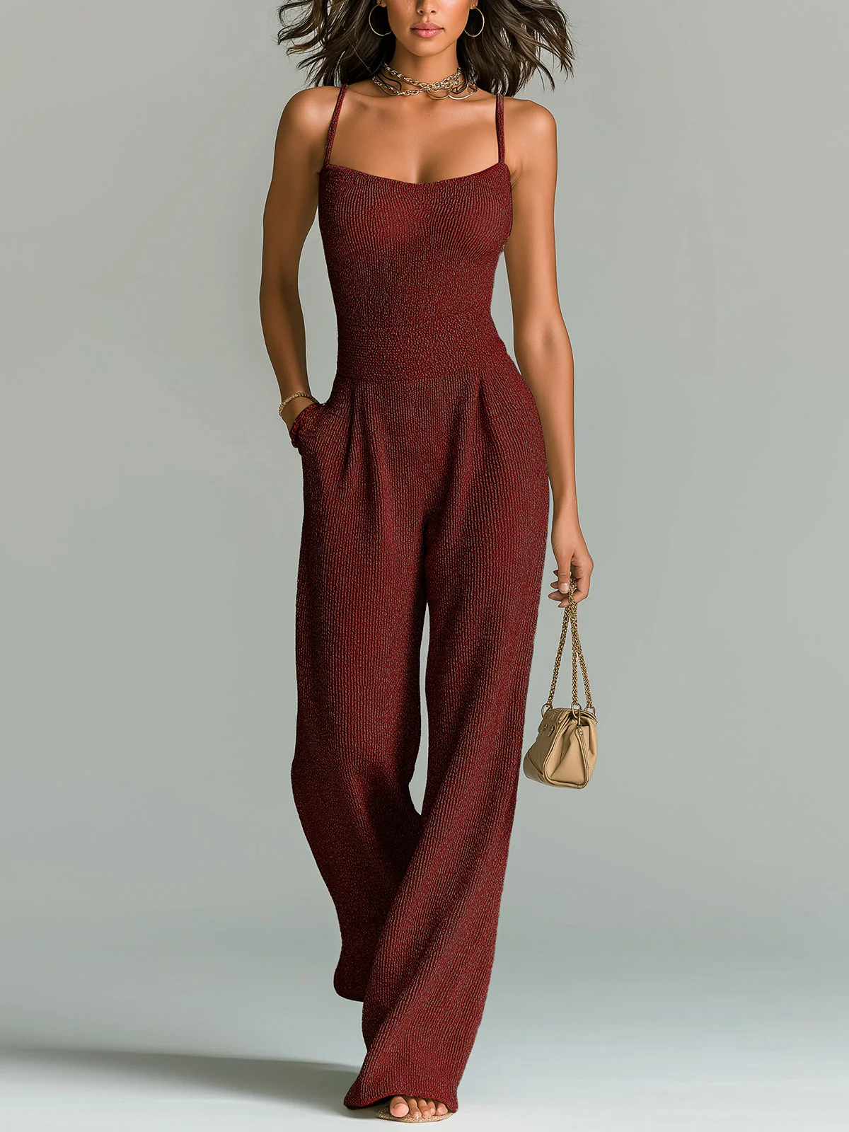 ElevenOra Stilvolles Kamel Strappy Ärmelloses Tailliertes Weites Bein Geripptes Strick-Jumpsuit - Image 4