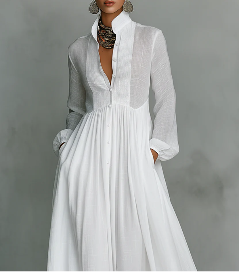 Elisa | Baumwoll- und Leinen-Maxi-Kleid mit Patchwork, hohem Kragen und langen Ärmeln - Minimalistischer Stil - Image 3