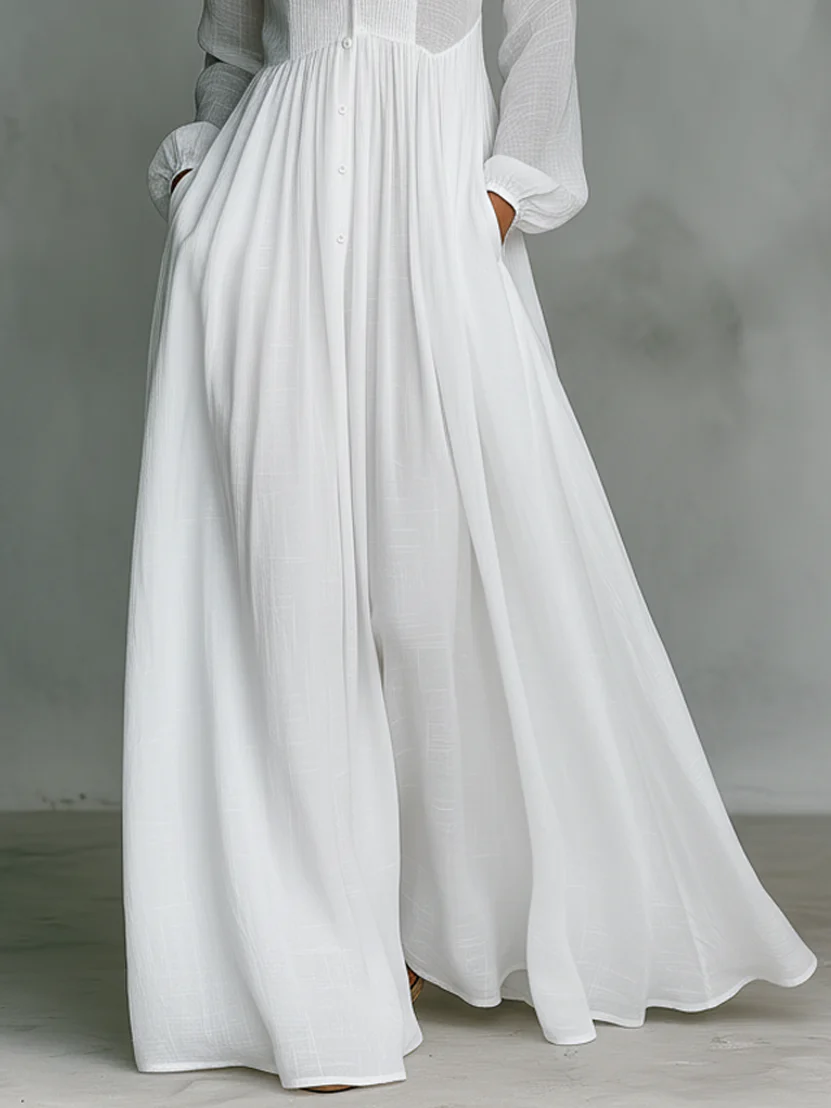 Elisa | Baumwoll- und Leinen-Maxi-Kleid mit Patchwork, hohem Kragen und langen Ärmeln - Minimalistischer Stil - Image 4