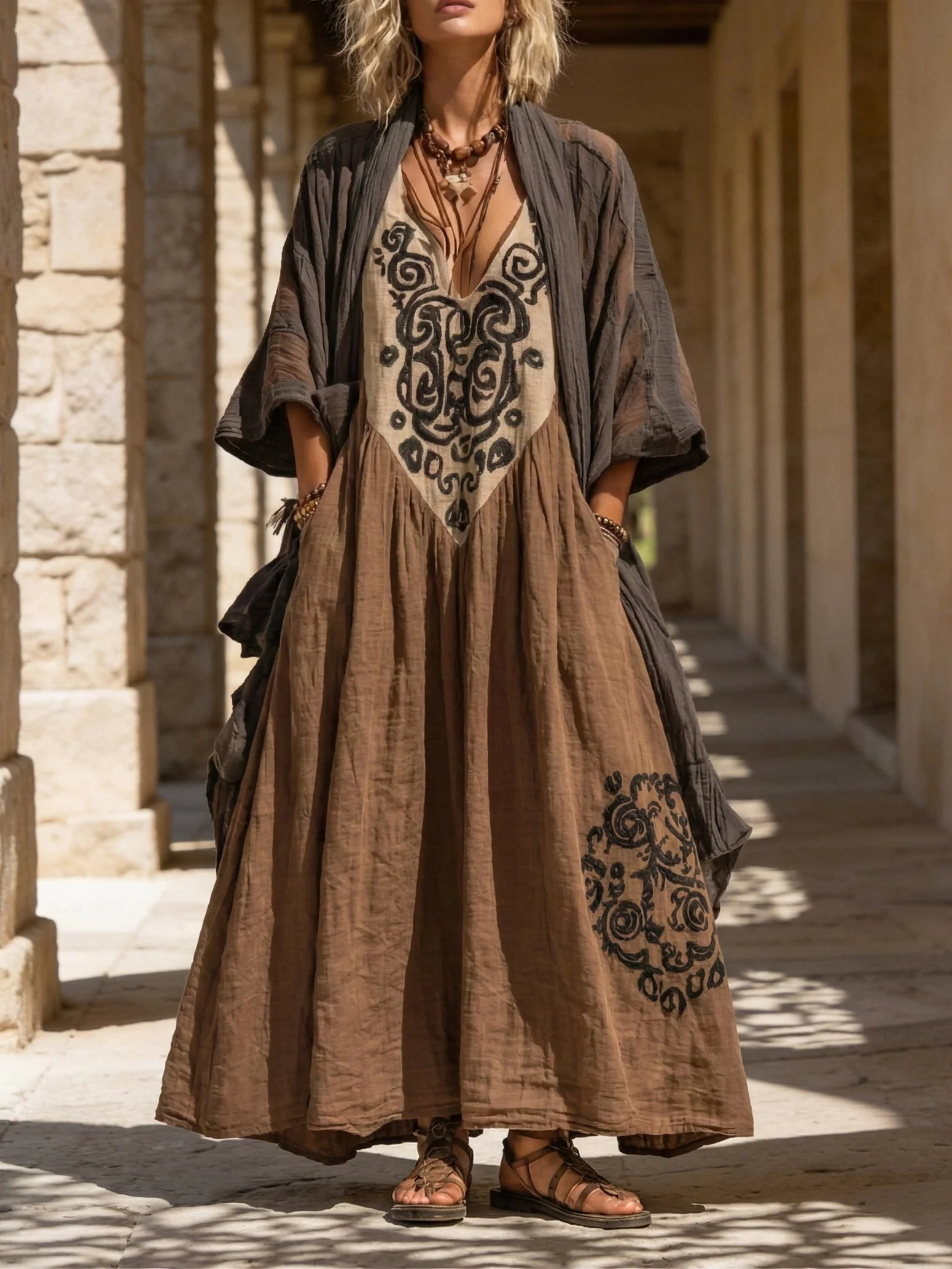 Entspanntes Bohemian Leinen-Baumwoll-Zweiteiler-Outfit