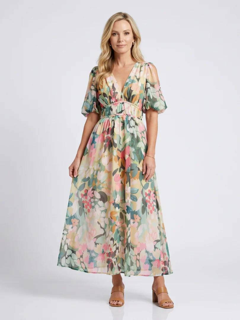 Eulalie | V-Ausschnitt Kurzarm Kleid mit geraffter Taille Midi