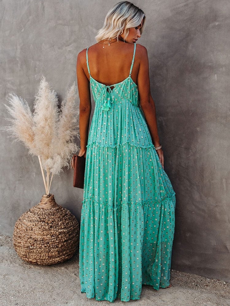 Evi™ Grüne Maxi Kleid Mit V-Ausschnitt Und Sommerlichem Ibiza-Muster - Image 2