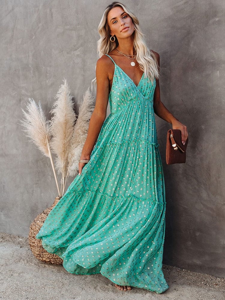 Evi™ Grüne Maxi Kleid Mit V-Ausschnitt Und Sommerlichem Ibiza-Muster - Image 5