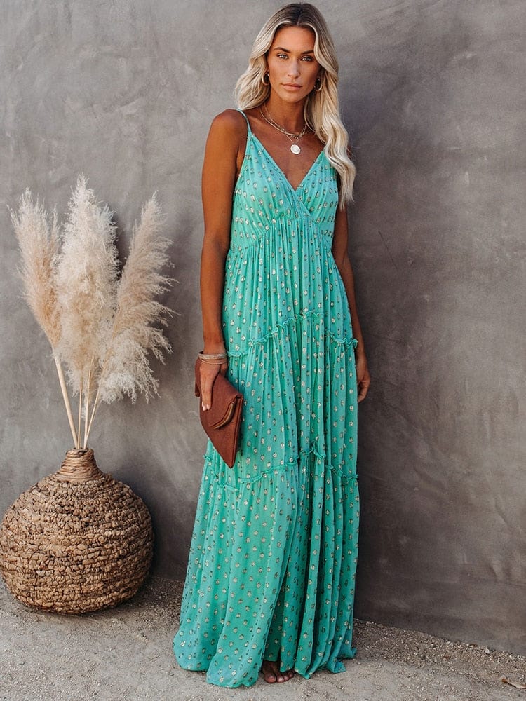 Evi™ Grüne Maxi Kleid Mit V-Ausschnitt Und Sommerlichem Ibiza-Muster - Image 6