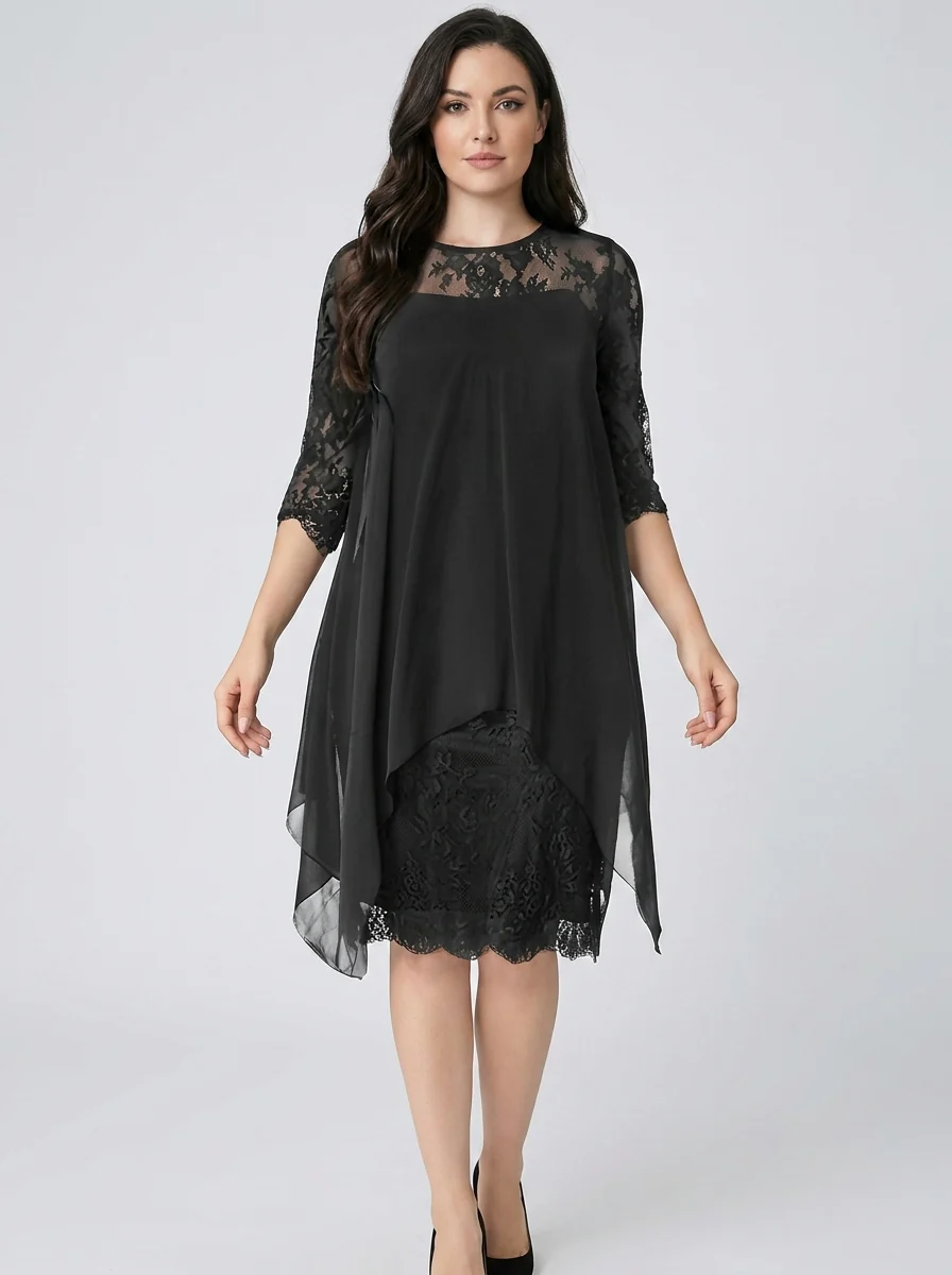 Frauen Rundhals Besticktes Patchwork Kleid
