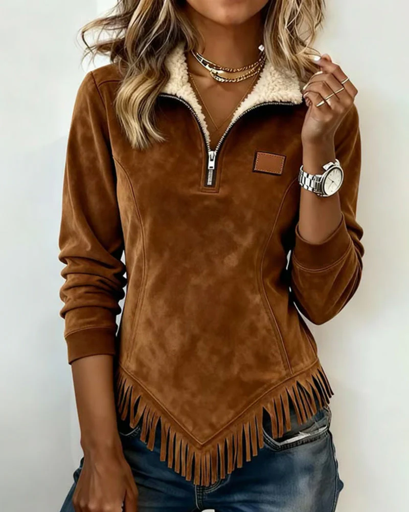 Halb-Zip Kragen Sweatshirt mit asymmetrischem Design und Fransenakzenten