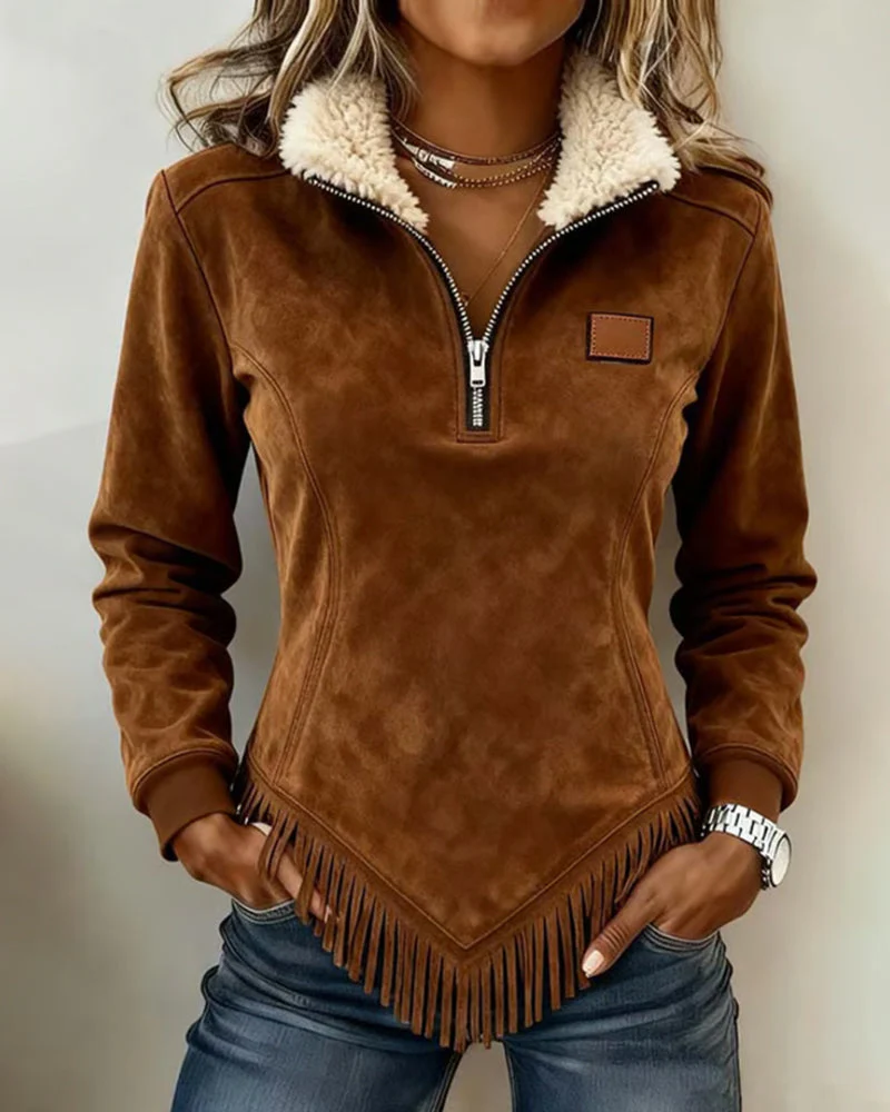 Halb-Zip Kragen Sweatshirt mit asymmetrischem Design und Fransenakzenten - Image 4