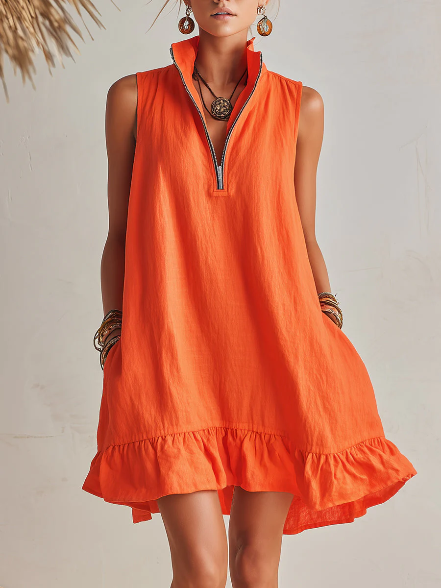 Helles Orange Leinen Halb-Reißverschluss Mini-Kleid mit Rüschensaum und Stehkragen